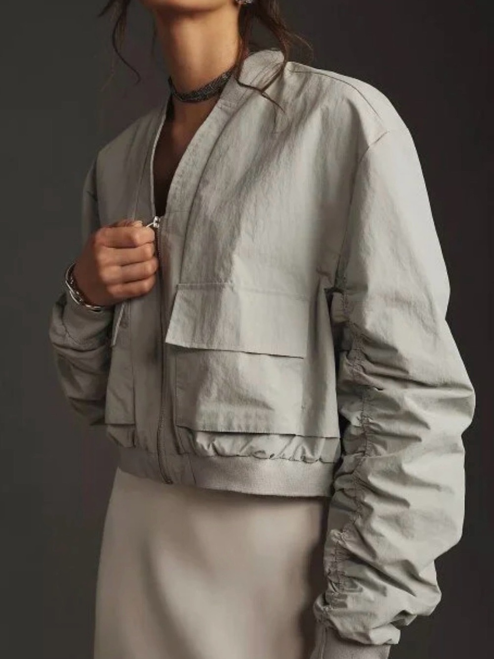 Anthropologie Light Gray Ruched Sleeve Bomber Jacket NEVER WORN Size XS